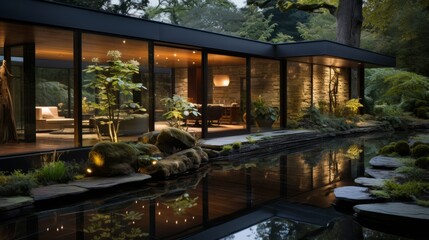 A tranquil oasis of greenery and serenity, where nature and architecture intertwine in a mesmerizing dance of reflections and growth within the glass walls of a serene garden house - obrazy, fototapety, plakaty