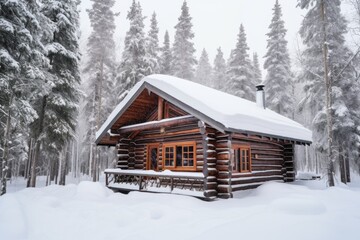 a snow-covered log cabin in the woods - obrazy, fototapety, plakaty