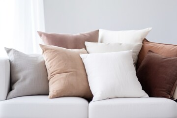 Fototapeta na wymiar soft plush pillows piled on a minimalist white couch