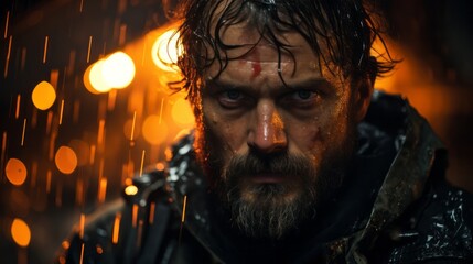 Fototapeta premium A rugged man with a damp face gazes into the distance, his beard a symbol of untamed masculinity and his expression hinting at a storm of thoughts within