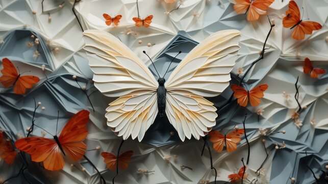 Fluttering delicately in a world of words, a paper butterfly embodies the ethereal beauty and fragility of the natural world