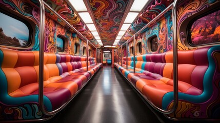 A vibrant masterpiece of hues and patterns, a train car transformed into a kaleidoscopic wonderland of art and imagination - obrazy, fototapety, plakaty