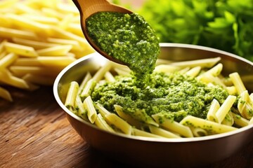 spooning basil pesto sauce onto pasta