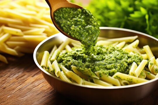 spooning basil pesto sauce onto pasta