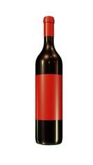Glass bottle with red wine and red blank label. Isolated. 3D Rendering.