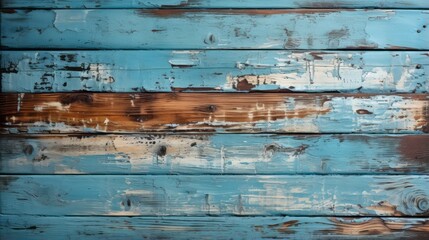 Decaying beauty, the worn blue planks reveal the story of time passing, leaving behind traces of rust and weathered wood in its wake - obrazy, fototapety, plakaty
