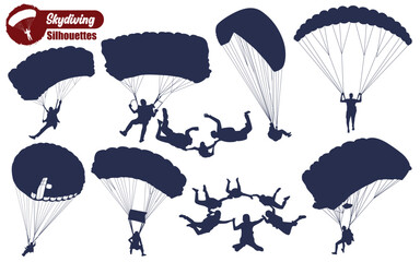 Skydiving or Paragliding Silhouettes Vector - obrazy, fototapety, plakaty
