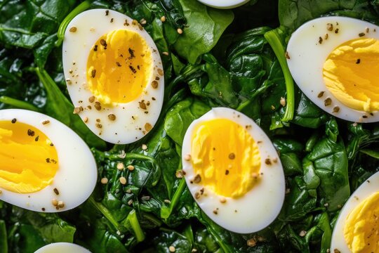 a macro shot of a simple salad with spinach and boiled eggs