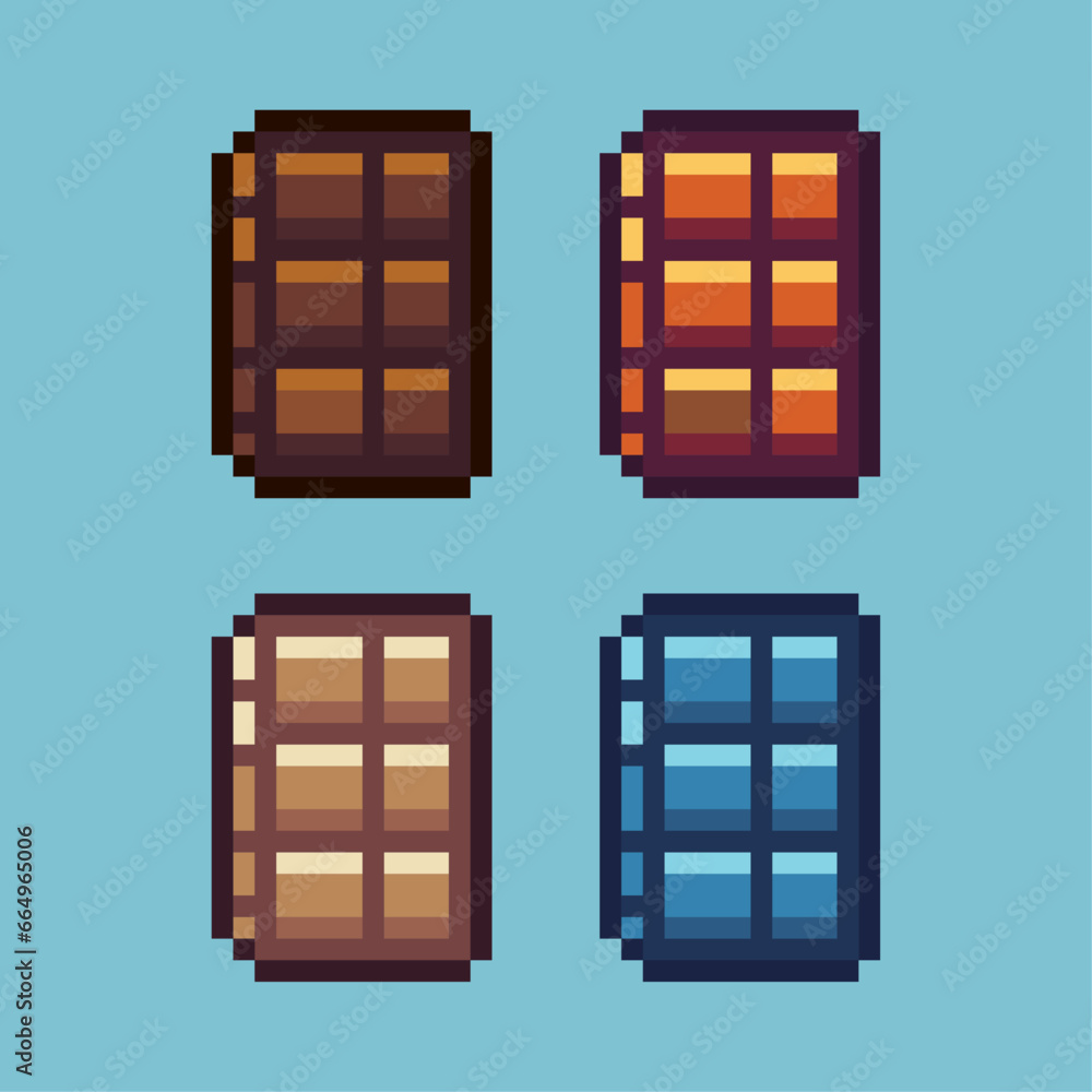 Poster pixel art sets of chocolate with variation color item asset. simple bits of chocolate bar on pixelat
