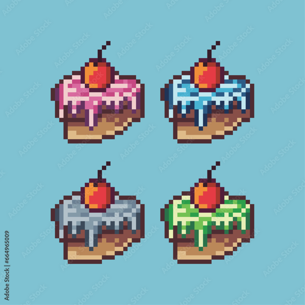 Poster pixel art sets of sweet cake with variation color item asset. simple bits of cake on pixelated style