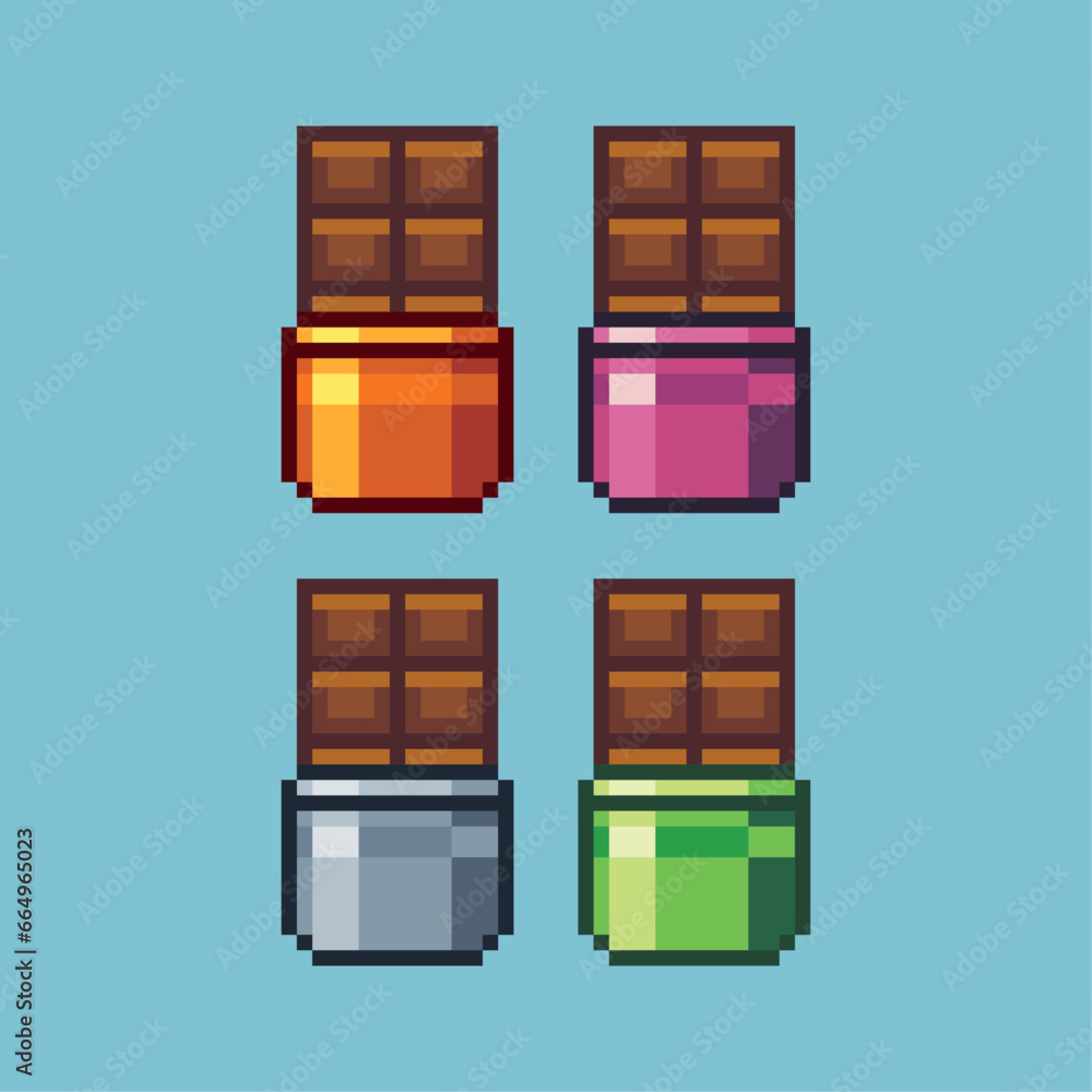 Poster pixel art sets of chocolate with variation color item asset. simple bits of chocolate bar on pixelat