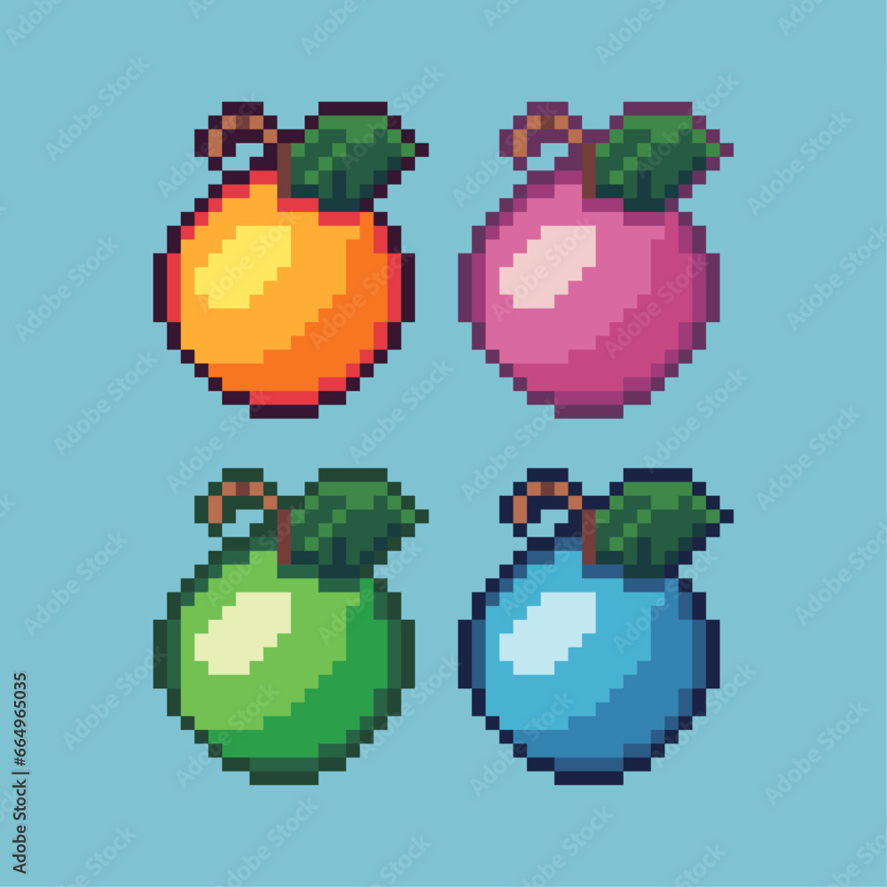 Poster pixel art sets of orange fruit with variation color item asset. simple bits of orange fruit on pixel