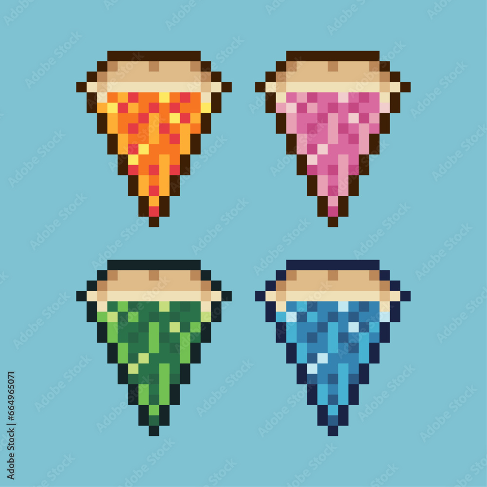 Poster pixel art sets of slice of pizza with variation color item asset. simple bits of slice of pizza on p