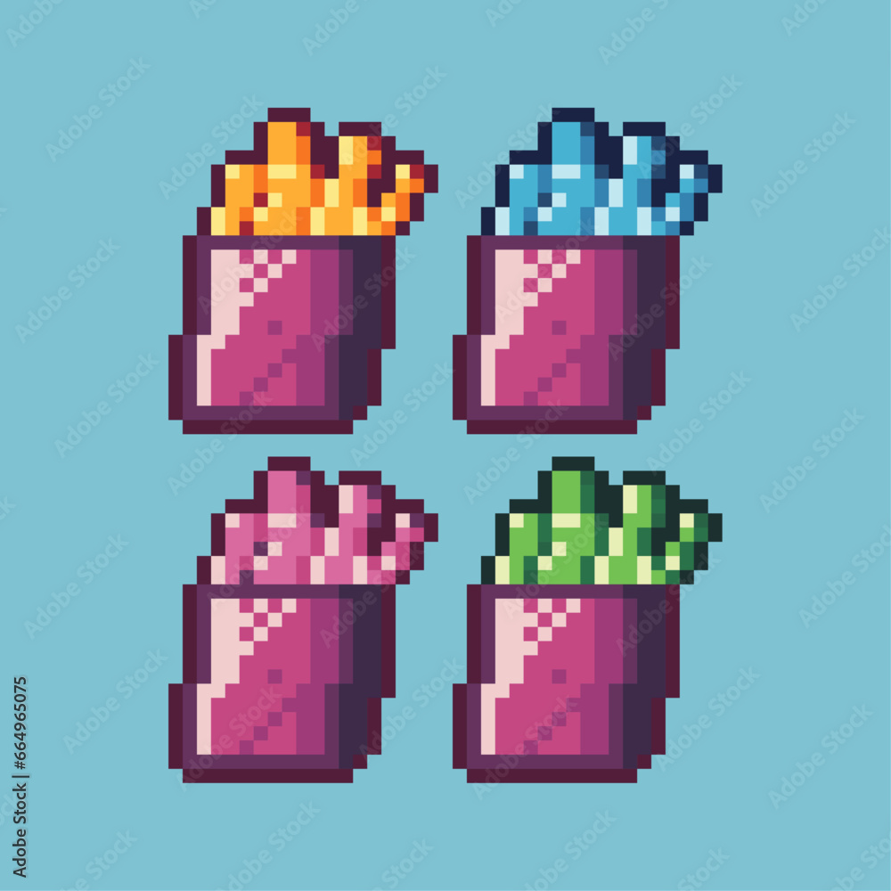 Poster pixel art sets of french fries with variation color item asset. simple bits of on french fries pixel