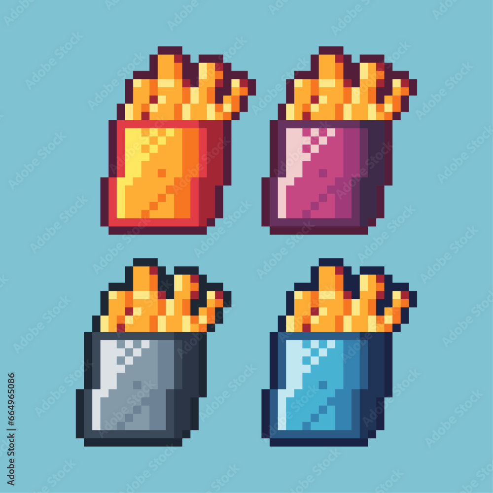 Poster pixel art sets of french fries with variation color item asset. simple bits of on french fries pixel