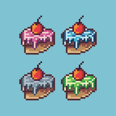 Pixel art sets of sweet cake with variation color item asset. Simple bits of cake on pixelated style. 8bits perfect for game asset or design asset element for your game design asset.