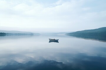 a small rowing boat drifting in the middle of a quiet lake