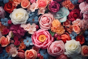 Colorful floral wallpaper with roses. Generative AI