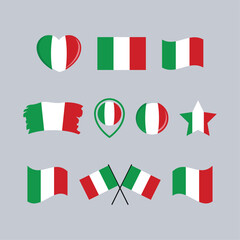 Italy flag icon set vector isolated on a gray background. Italian Flag graphic design element. Flag of Italy symbols collection. Set of Italy flag icons in flat style