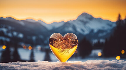 A glowing yellow glass heart against the wintry mountain landscape symbolizes warmth and comfort...