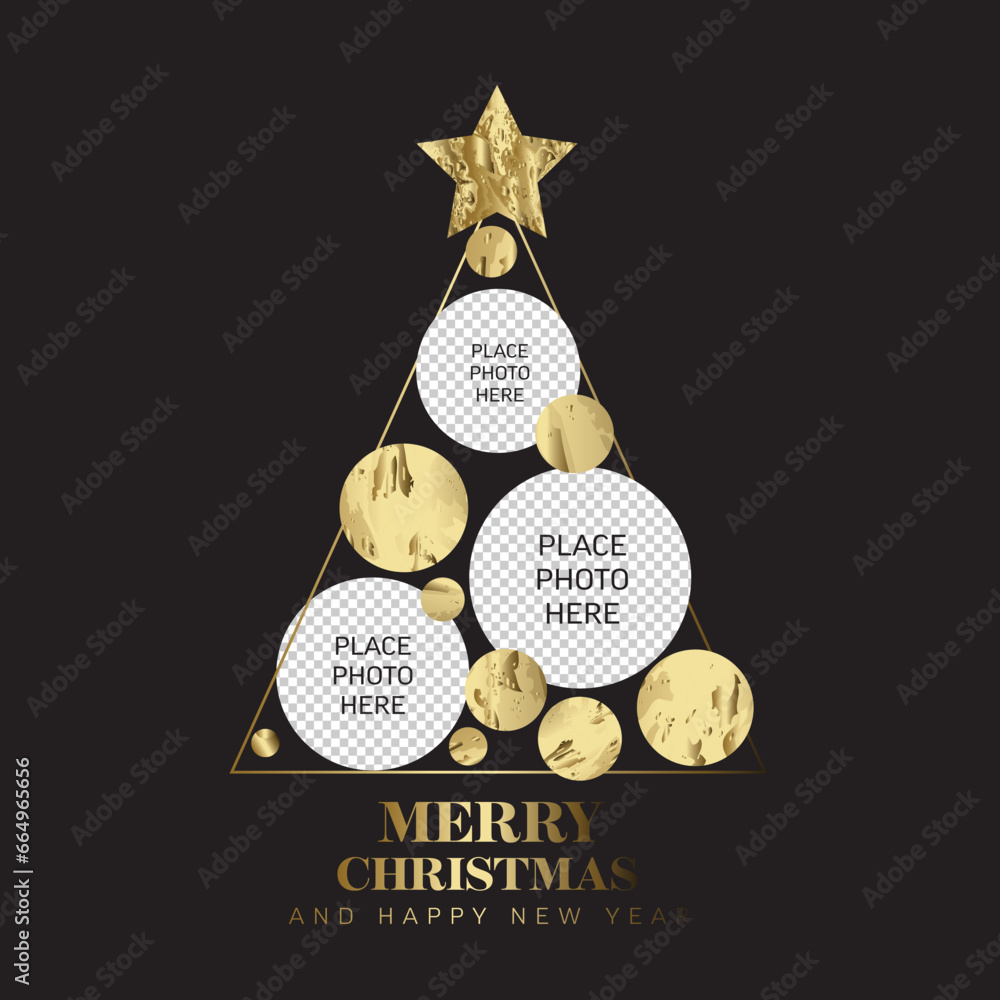 Poster christmas triangle tree with circles family photo placeholders customizable card layout template wit