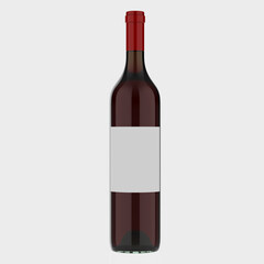 Glass bottle with red wine and white blank label. Isolated. 3D Rendering.