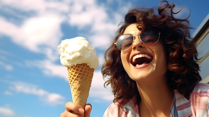 Happy Friends Sharing Laughter and Ice Cream on a Vibrant City Street