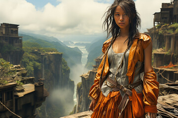 Chinese teen on cliff overlooking surreal floating islands and sky waterfalls.