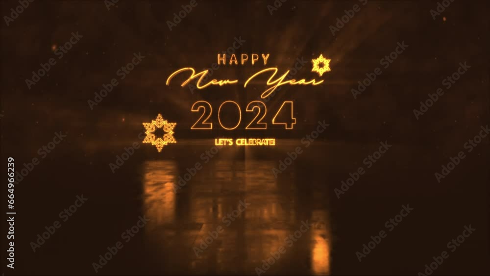 Poster 2024 happy new year lets celebrate glow flasing neon text with flow particlesanimation effect cinema