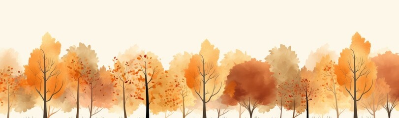 Naklejka na ściany i meble Autumn forest with trees in the style of watercolor painting, in shades of orange and beige. Generative AI