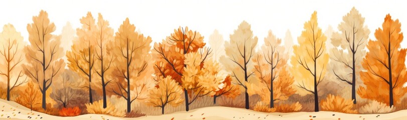 Naklejka na ściany i meble Autumn forest with trees in the style of watercolor painting, in shades of orange and beige. Generative AI