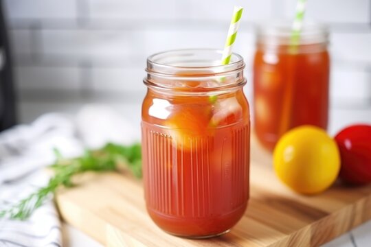 tomato juice in a mason jar with a striped straw