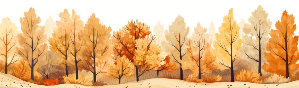 Autumn forest with trees in the style of watercolor painting, in shades of orange and beige. Generative AI