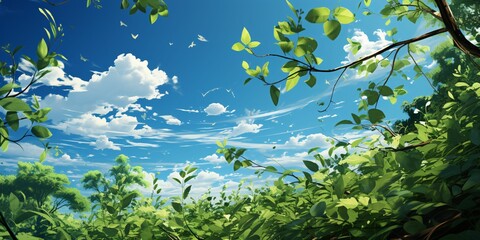 Fototapeta na wymiar Fresh Green Leaves with Cloudy Blue Sky View