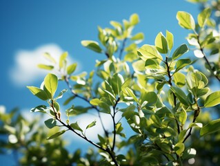 Fototapeta na wymiar Fresh Green Leaves with Cloudy Blue Sky View