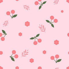 Seamless pattern of cherry fruit with green leaf on pink background vector.
