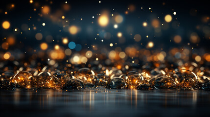 Golden Elegance: Abstract Dark Blue Background with Glistening Gold Particles, a Captivating Blend of Christmas Light Shine and Festive Bokeh