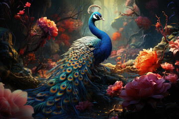 Peacock bouquets, in a vibrant and bustling Moroccan bazaar, with colorful textiles and exotic spices, Generative Ai