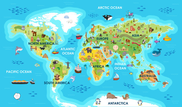 World map with sight, animals, landmarks. Global atlas for children, travel around planet. Continents of America, Australia, Africa, Europe, Asia, Antarctica. Vector illustration