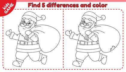 Kids game Find 5 differences with cartoon happy Santa Claus running with a bag of gifts. Compare cute merry Christmas characters and spot differences. Black and white outline vector design.