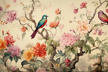 Watercolor artwork depicting a continuous pattern of foliage, flowers, and birds. Generative AI