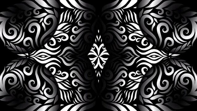 Luxurious Black and white gradient caleidoscope flower and leaf art pattern for intro opening ads 