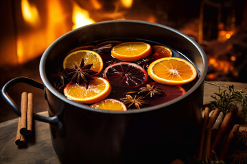 traditional mulled wine in сooking pot with orange slices and spices close-up