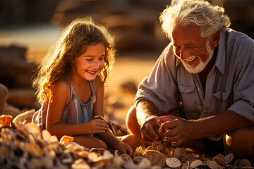 Grandfather and granddaughter collecting shells on beach.
