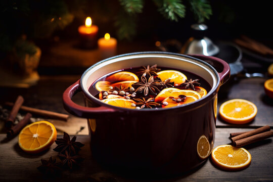 traditional mulled wine in сooking pot with orange slices and spices close-up