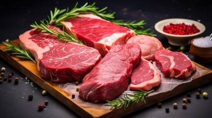 Fototapeta premium Variety of fresh Black Angus Prime raw beef steaks, Generative AI