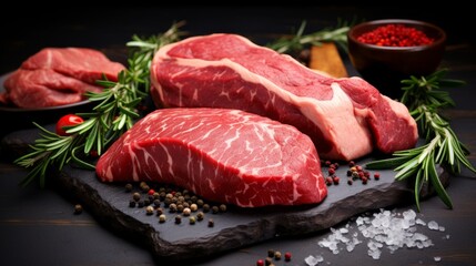 Fototapeta premium Variety of fresh Black Angus Prime raw beef steaks, Generative AI