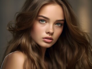 Fototapeta premium Beautiful woman with brown long curly hair. Portrait of a beautiful girl with long brown hair. Beautiful face of a young woman with long wavy hair and pretty eyes. Studio shot.