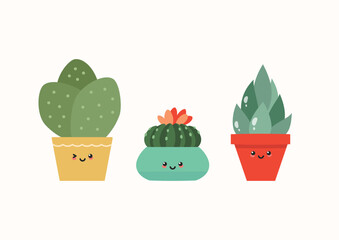 Cute cactuses. Flat illustration of three kawaii smiling succulents in flower pots. Vector 10 EPS.
