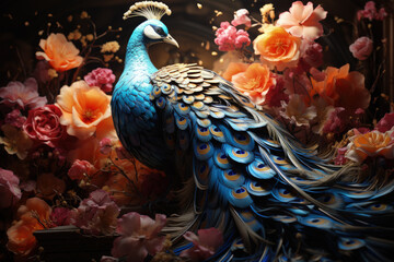 Peacock bouquets, in a vibrant and bustling Moroccan bazaar, with colorful textiles and exotic spices, Generative Ai